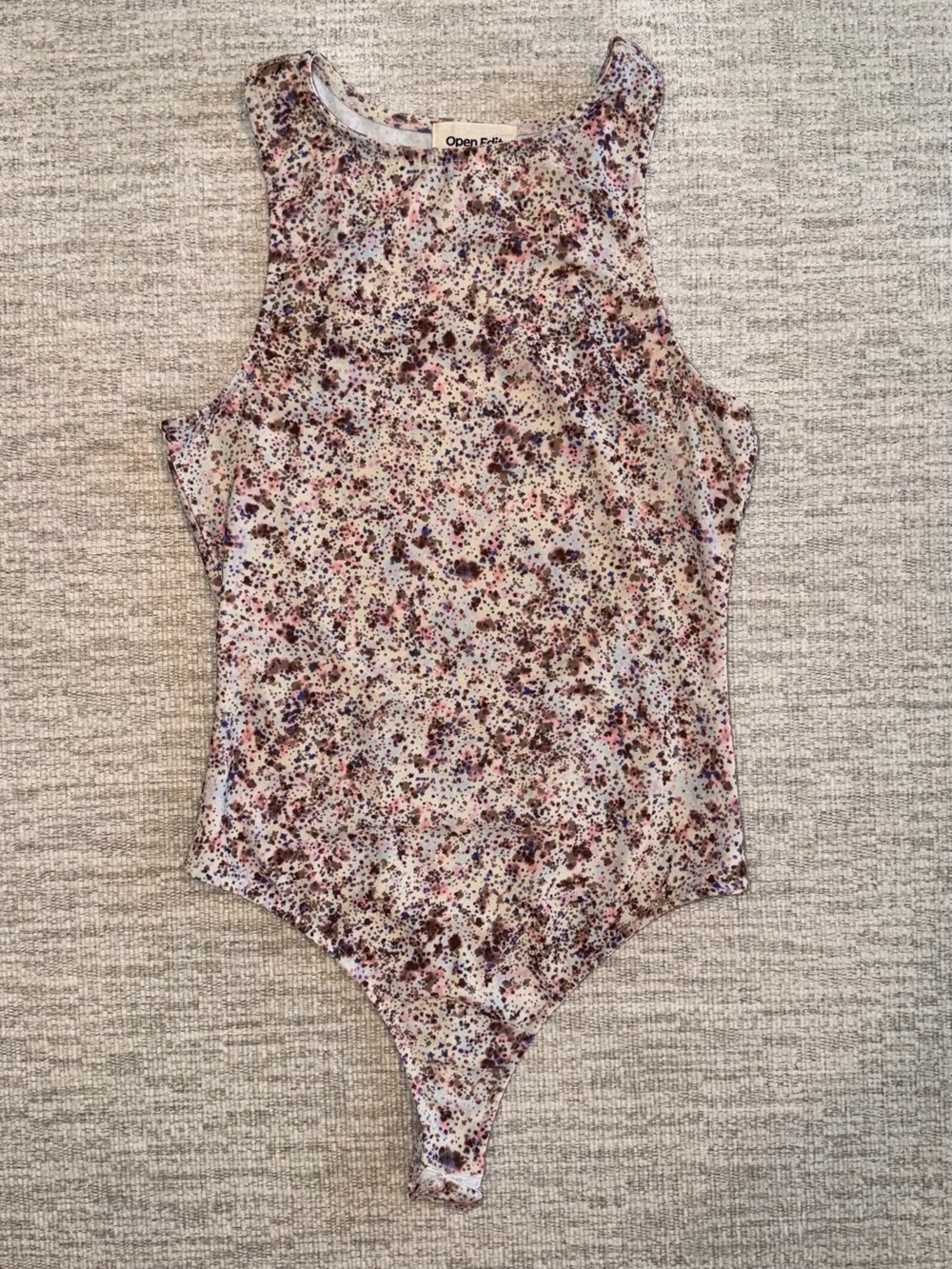 Patterned High-Neck Bodysuit - Cream with Pink & Brown Speckle